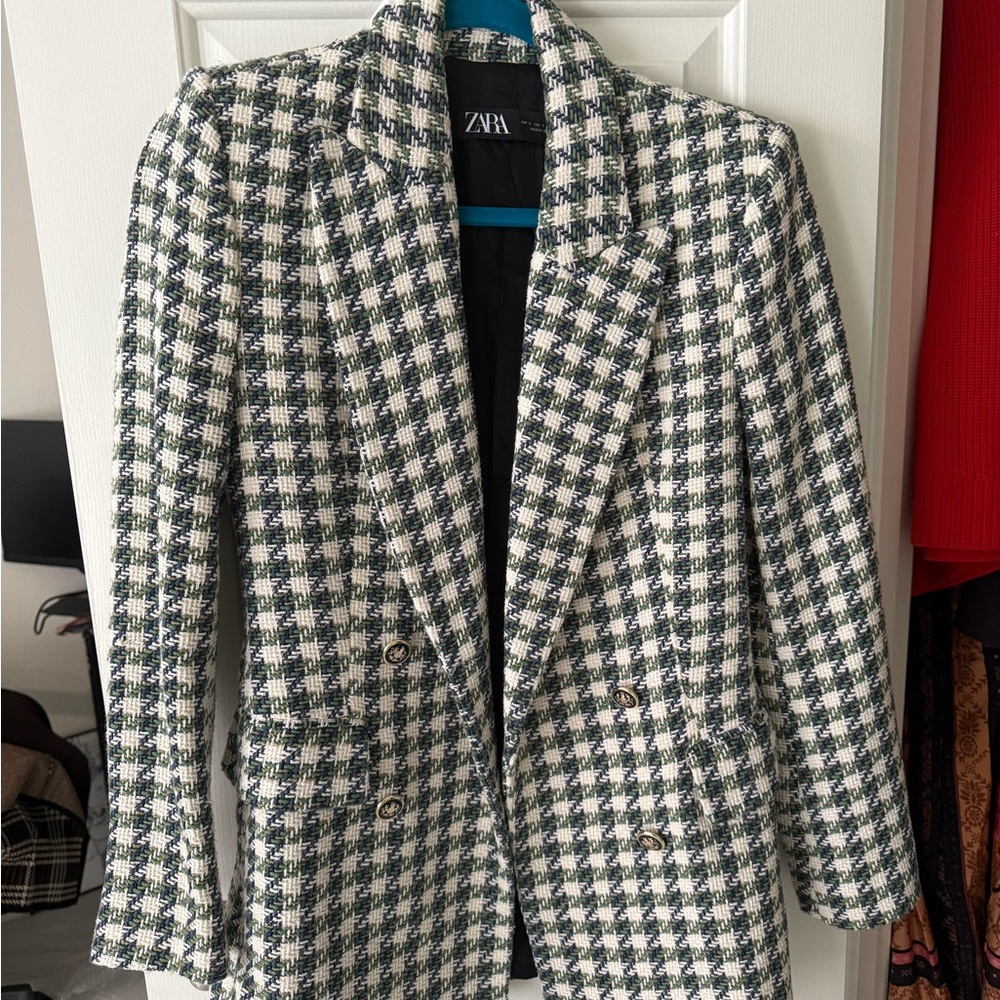 Zara Women's Green and White Houndstooth Blazer